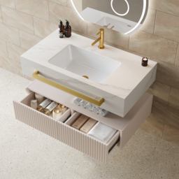 "36"" Floating Bathroom Vanity with Double Sinks, Sintered Stone Countertop, Gold Towel Bar" - thumbnail 5