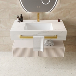 "36"" Floating Bathroom Vanity with Double Sinks, Sintered Stone Countertop, Gold Towel Bar"