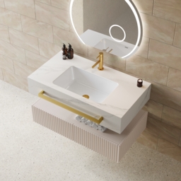 "36"" Floating Bathroom Vanity with Double Sinks, Sintered Stone Countertop, Gold Towel Bar" - thumbnail 3