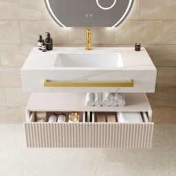 "36"" Floating Bathroom Vanity with Double Sinks, Sintered Stone Countertop, Gold Towel Bar" - thumbnail 4