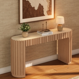 "Aura 60"" Ash Wood Fluted Natural Console Table With Sintered Stone Top" - thumbnail 3