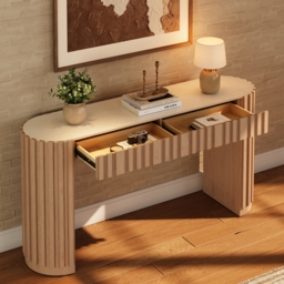 "Aura 60"" Ash Wood Fluted Natural Console Table With Sintered Stone Top" - thumbnail 4