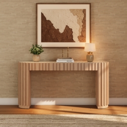 "Aura 60"" Ash Wood Fluted Natural Console Table With Sintered Stone Top" - thumbnail 2