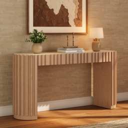 "Aura 60"" Ash Wood Fluted Natural Console Table With Sintered Stone Top" - thumbnail 1