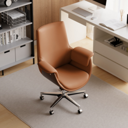 Brown Leather Modern Home Office Chair Upholstered High Back Desk Chair Wood Grain Frame - thumbnail 3