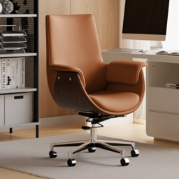 Brown Leather Modern Home Office Chair Upholstered High Back Desk Chair Wood Grain Frame - thumbnail 1