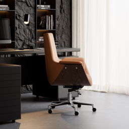 Brown Leather Modern Home Office Chair Upholstered High Back Desk Chair Wood Grain Frame - thumbnail 6