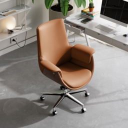 Brown Leather Modern Home Office Chair Upholstered High Back Desk Chair Wood Grain Frame - thumbnail 8