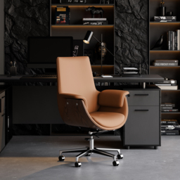 Brown Leather Modern Home Office Chair Upholstered High Back Desk Chair Wood Grain Frame - thumbnail 4