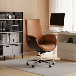 Brown Leather Modern Home Office Chair Upholstered High Back Desk Chair Wood Grain Frame - thumbnail 7