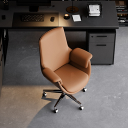 Brown Leather Modern Home Office Chair Upholstered High Back Desk Chair Wood Grain Frame - thumbnail 5