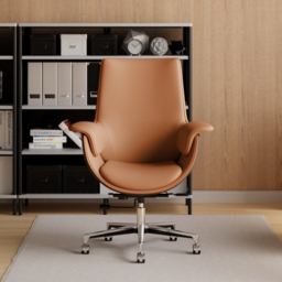 Brown Leather Modern Home Office Chair Upholstered High Back Desk Chair Wood Grain Frame - thumbnail 2