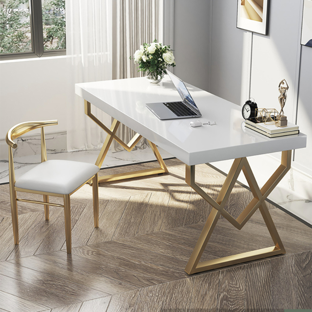 1000mm Modern White Rectangular Writing Desk with Gold Base - image 1