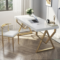 1000mm Modern White Rectangular Writing Desk with Gold Base - thumbnail 1