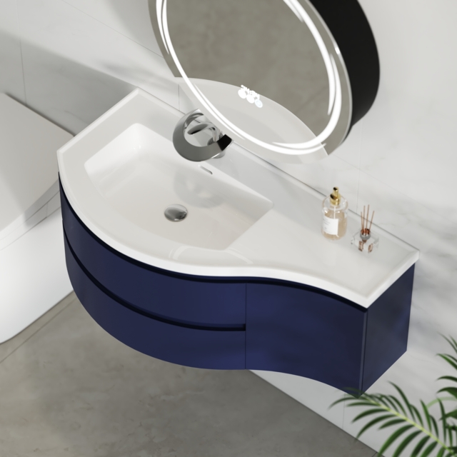 90 cm Navy Floating Single Curved Bathroom Vanity with Sink, Storage, Stone Resin Top - image 1