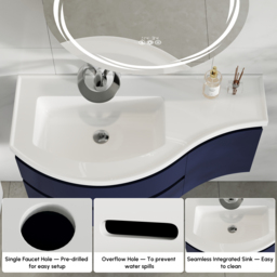 90 cm Navy Floating Single Curved Bathroom Vanity with Sink, Storage, Stone Resin Top - thumbnail 6