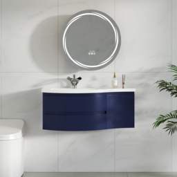 90 cm Navy Floating Single Curved Bathroom Vanity with Sink, Storage, Stone Resin Top - thumbnail 4