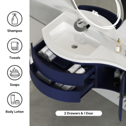 90 cm Navy Floating Single Curved Bathroom Vanity with Sink, Storage, Stone Resin Top - thumbnail 7
