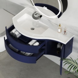 90 cm Navy Floating Single Curved Bathroom Vanity with Sink, Storage, Stone Resin Top - thumbnail 3