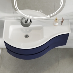 90 cm Navy Floating Single Curved Bathroom Vanity with Sink, Storage, Stone Resin Top - thumbnail 2