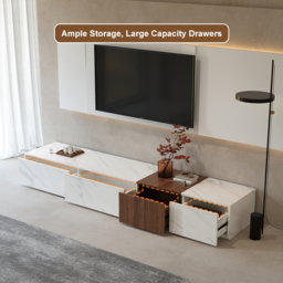 Vewal Modern Wood Block TV Stand Marble & Walnut Veneer in White with 4 Drawers - thumbnail 9