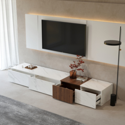 Vewal Modern Wood Block TV Stand Marble & Walnut Veneer in White with 4 Drawers - thumbnail 5