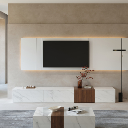 Vewal Modern Wood Block TV Stand Marble & Walnut Veneer in White with 4 Drawers - thumbnail 4