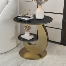 Round Faux Marble 2 Tier End Table Modern  Black & Gold Side Table - thumbnail 4
