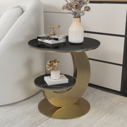 Round Faux Marble 2 Tier End Table Modern  Black & Gold Side Table - thumbnail 3