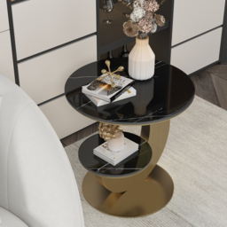 Round Faux Marble 2 Tier End Table Modern  Black & Gold Side Table - thumbnail 2