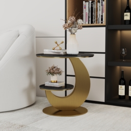 Round Faux Marble 2 Tier End Table Modern  Black & Gold Side Table