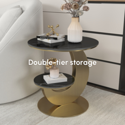 Round Faux Marble 2 Tier End Table Modern  Black & Gold Side Table - thumbnail 7