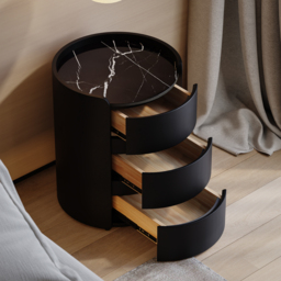 Modern bedside table with 3-drawers and 40 cm wide bedside cabinet in white, marble and leather design - thumbnail 3