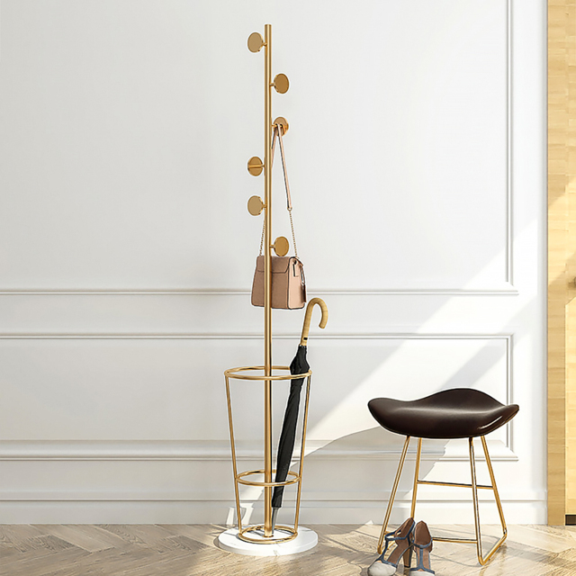 1700mm Hallway Metal Round Hooks Coat Stand with Umbrella Stand Base-Gold - image 1