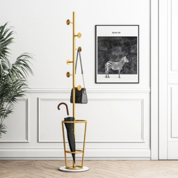 1700mm Hallway Metal Round Hooks Coat Stand with Umbrella Stand Base-Gold - thumbnail 4