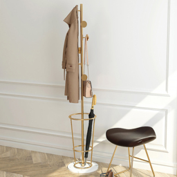 1700mm Hallway Metal Round Hooks Coat Stand with Umbrella Stand Base-Gold - thumbnail 3