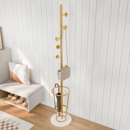 1700mm Hallway Metal Round Hooks Coat Stand with Umbrella Stand Base-Gold - thumbnail 7