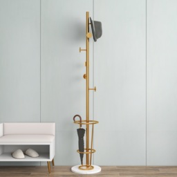 1700mm Hallway Metal Round Hooks Coat Stand with Umbrella Stand Base-Gold - thumbnail 8