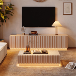 Aura TV Stand Set of Ash Wood Slatted TV Stand & Coffee Table with Sintered Stone Top - thumbnail 1