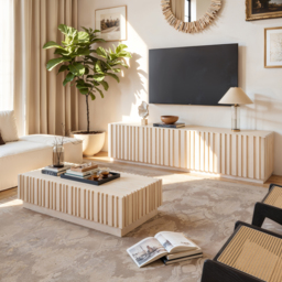Aura TV Stand Set of Ash Wood Slatted TV Stand & Coffee Table with Sintered Stone Top - thumbnail 2