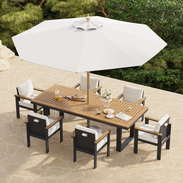 8 Pieces Rectangle Wood & Aluminium Outdoor Patio Dining Set with Central Pillar Umbrella - image 1