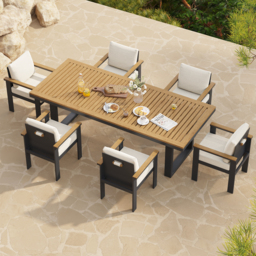 8 Pieces Rectangle Wood & Aluminium Outdoor Patio Dining Set with Central Pillar Umbrella - thumbnail 3