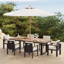 8 Pieces Rectangle Wood & Aluminium Outdoor Patio Dining Set with Central Pillar Umbrella - thumbnail 2