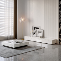 200 cm White TV Stand Faux Marble with Storage - thumbnail 4