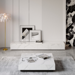 200 cm White TV Stand Faux Marble with Storage - thumbnail 5