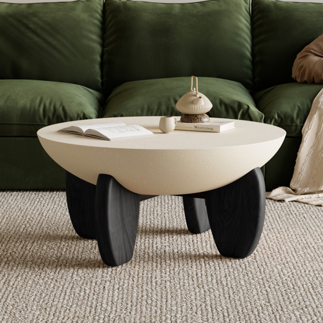 Curva Round Small Modern Beige & Black Coffee Table Concrete & Wood Accent Table - image 1