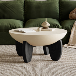 Curva Round Small Modern Beige & Black Coffee Table Concrete & Wood Accent Table - thumbnail 1