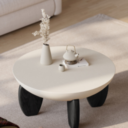 Curva Round Small Modern Beige & Black Coffee Table Concrete & Wood Accent Table - thumbnail 2