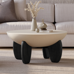 Curva Round Small Modern Beige & Black Coffee Table Concrete & Wood Accent Table - thumbnail 3