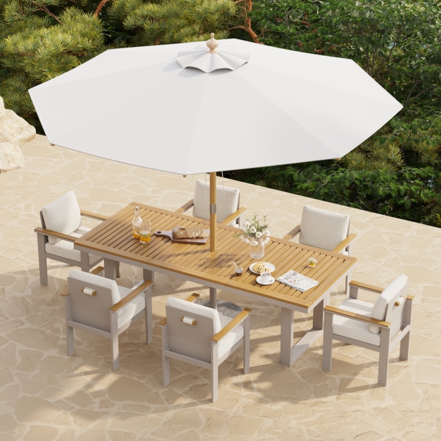 Tevara 8 Pieces Rectangle Wood & Aluminium Outdoor Patio Dining Set with Central Pillar Umbrella - image 1
